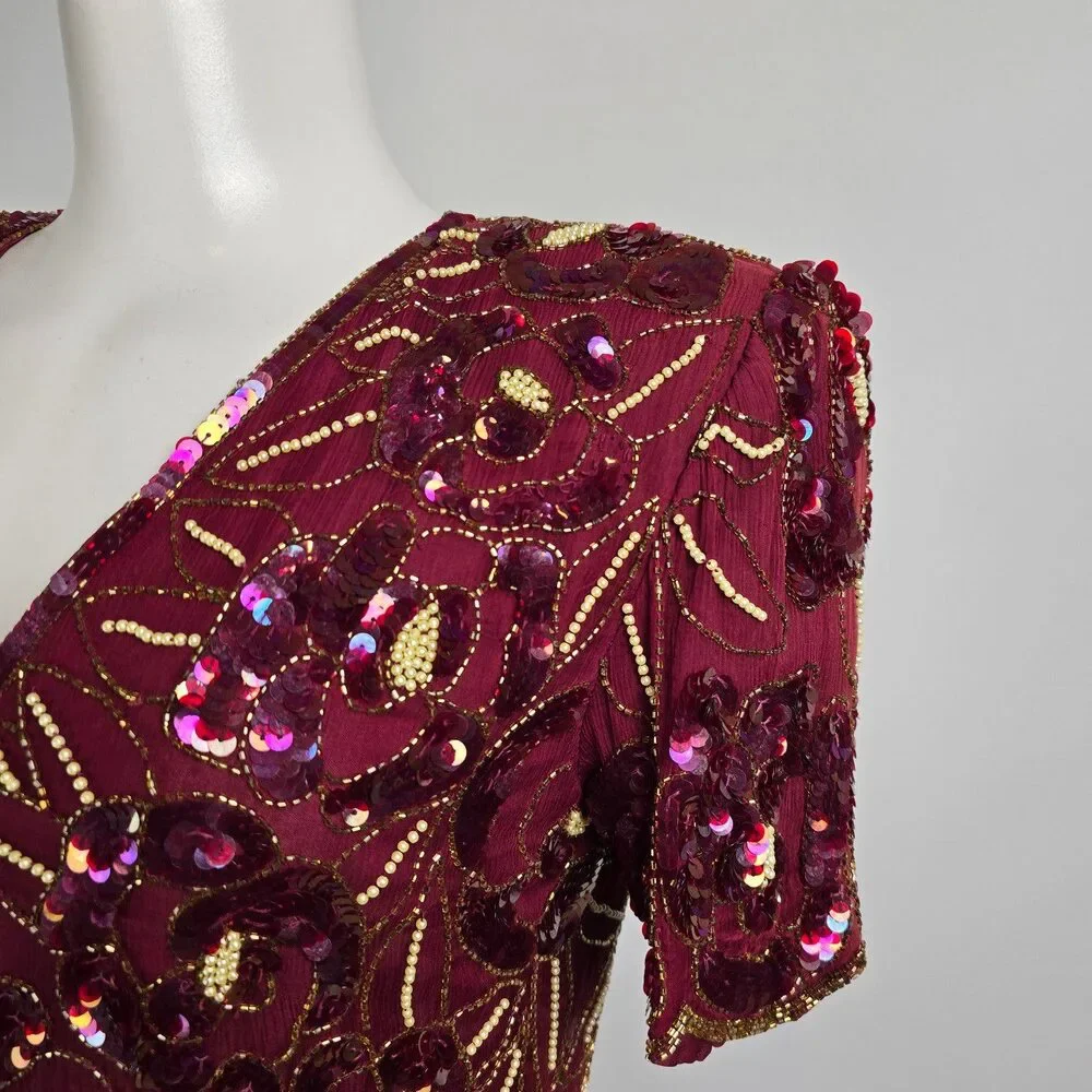 Vintage Silk Burgundy Beaded Sequined Midi Dress Size M - Picture 3 of 9
